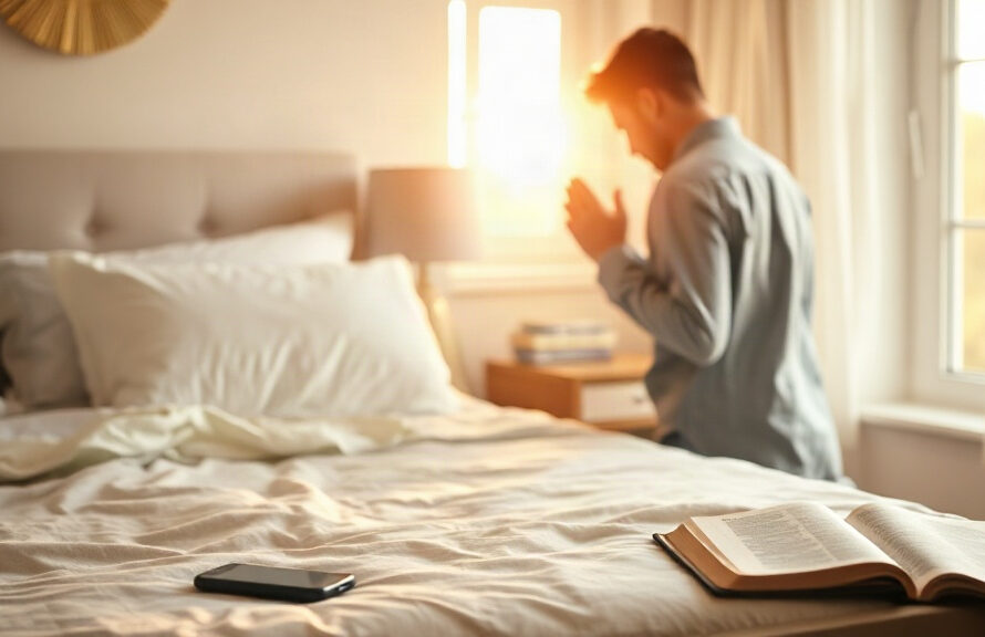 Person kneeling in prayer beside a bed with a phone face-down and an open Bible in morning light