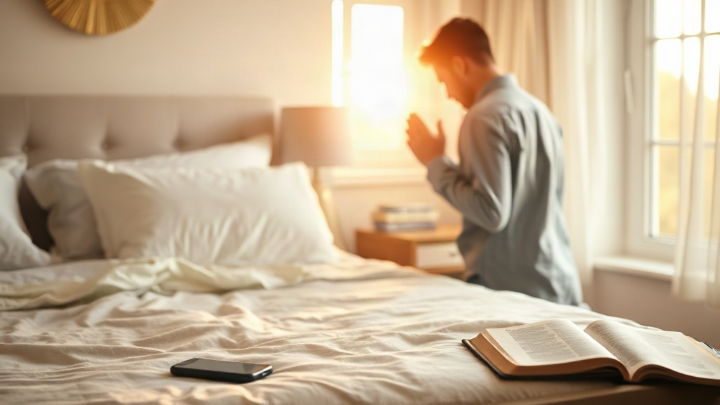Person kneeling in prayer beside a bed with a phone face-down and an open Bible in morning light