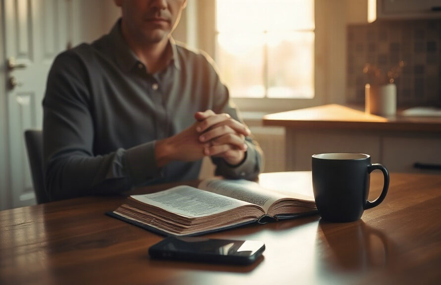 Man praying over an open Bible at a kitchen table in morning light with his phone face-down
