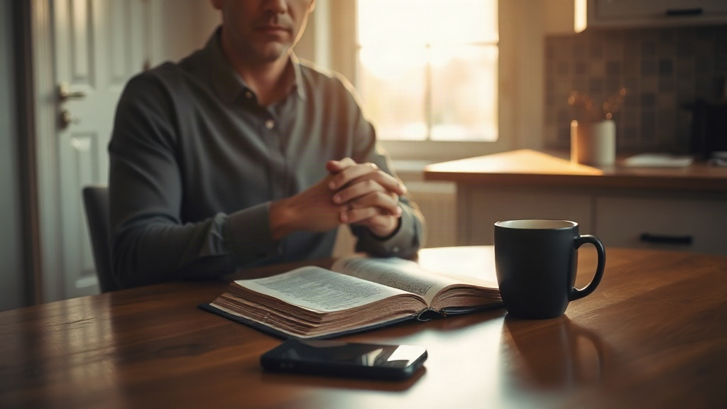 Man praying over an open Bible at a kitchen table in morning light with his phone face-down