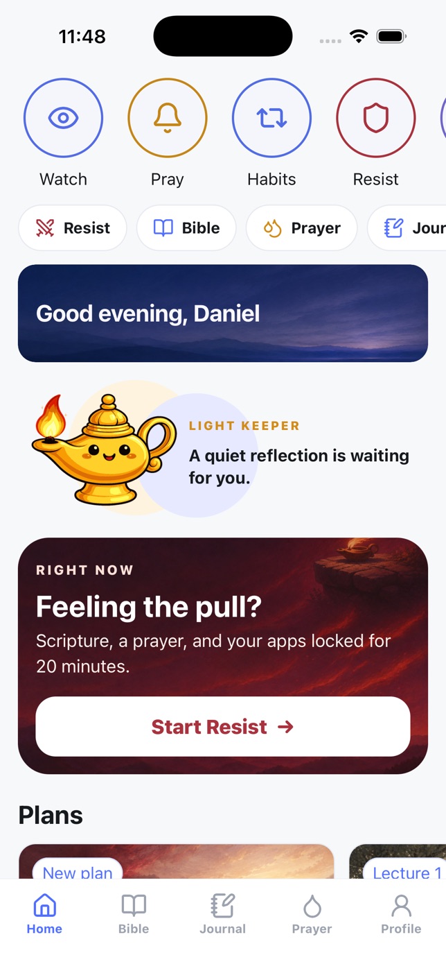 Light Keeper home screen: an evening greeting, the lamp, and a card offering to start Resist