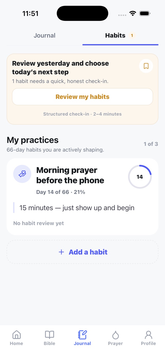 Habits screen showing a 66-day practice on day 14