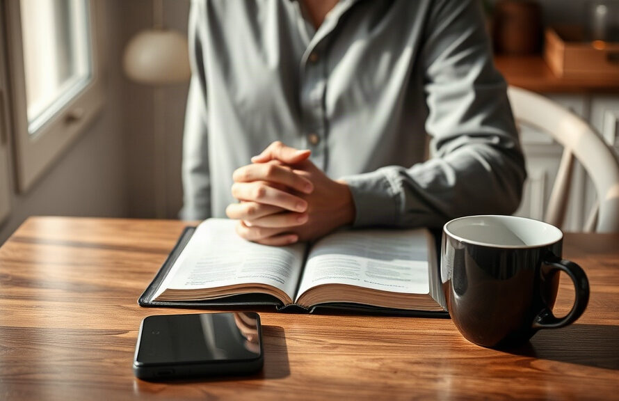 Person praying over an open Bible at a kitchen table in morning light with a phone set aside