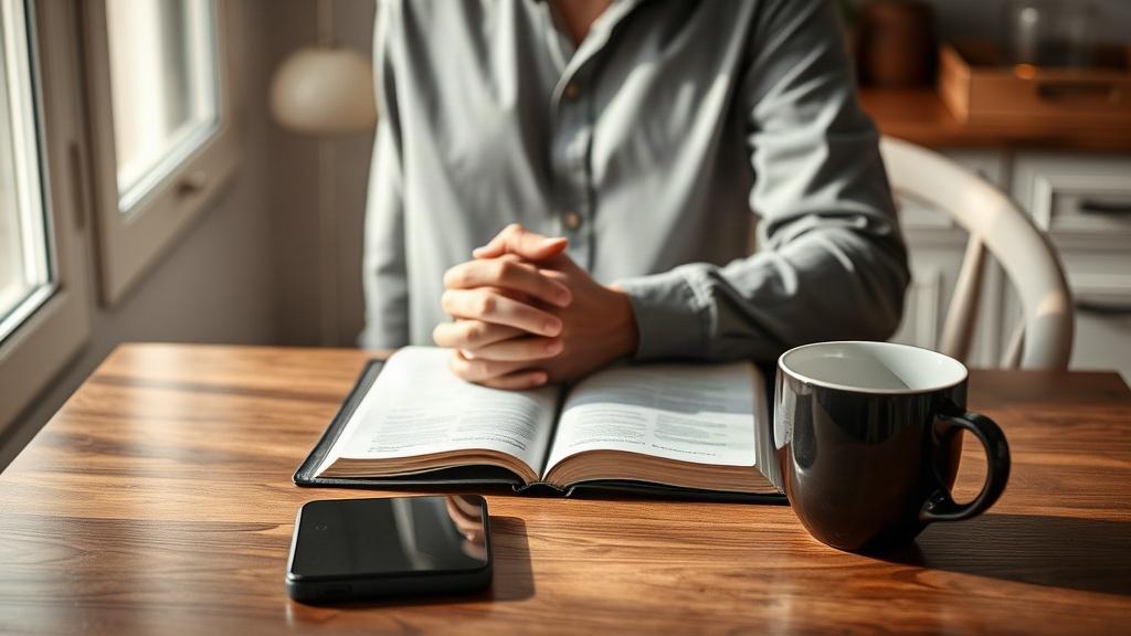 Person praying over an open Bible at a kitchen table in morning light with a phone set aside