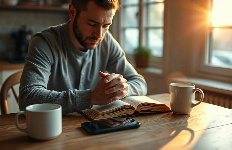 Man praying over an open Bible at sunrise with his phone set aside, symbolizing a daily prayer for sobriety
