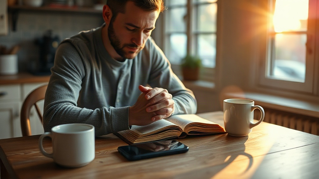 Man praying over an open Bible at sunrise with his phone set aside, symbolizing a daily prayer for sobriety