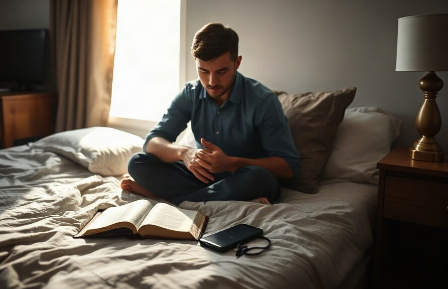 Man praying a prayer of confession at his bedside in the morning with an open Bible and a face-down phone