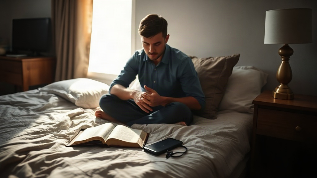 Man praying a prayer of confession at his bedside in the morning with an open Bible and a face-down phone