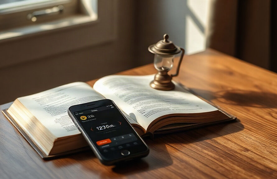 Open Bible, oil lamp, and smartphone with prayer streak app on a wooden table in morning light
