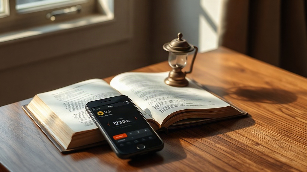 Open Bible, oil lamp, and smartphone with prayer streak app on a wooden table in morning light
