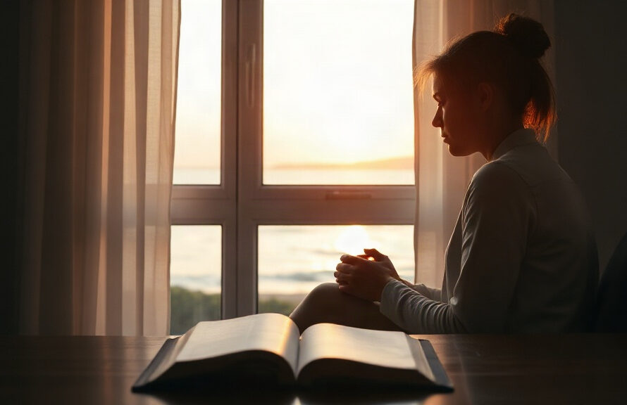 Person praying quietly by a window at sunrise with an open Bible nearby