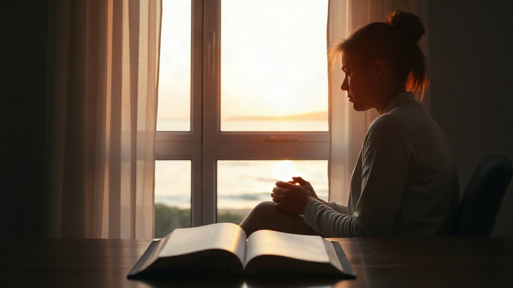 Person praying quietly by a window at sunrise with an open Bible nearby