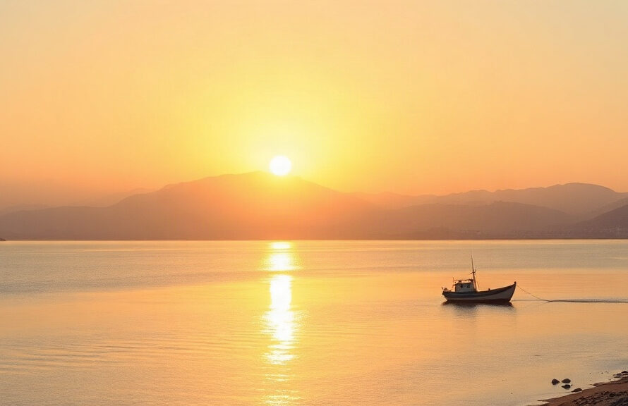 Painterly sunrise over the Sea of Galilee with a small fishing boat on the shore, evoking gentleness and morning prayer