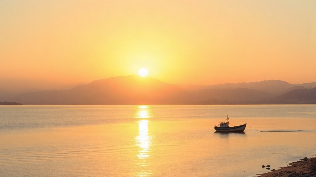 Painterly sunrise over the Sea of Galilee with a small fishing boat on the shore, evoking gentleness and morning prayer