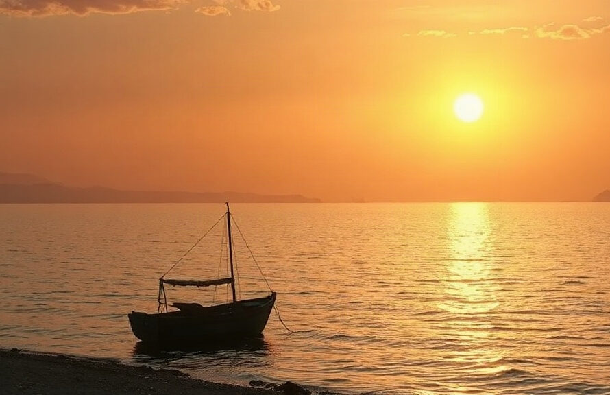 Painterly sunrise over the Sea of Galilee with a small fishing boat on the shore, evoking peace and God's provision