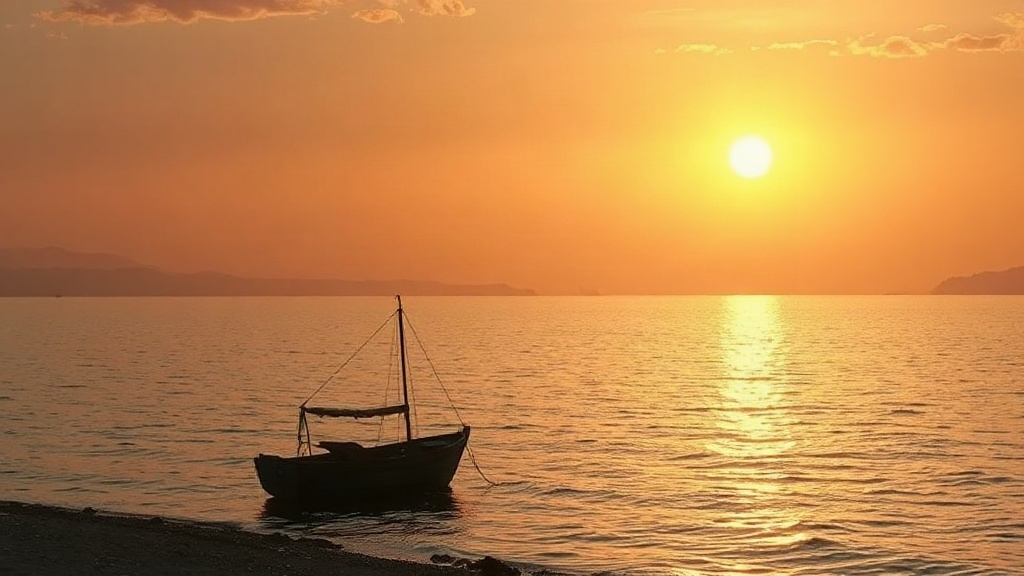 Painterly sunrise over the Sea of Galilee with a small fishing boat on the shore, evoking peace and God's provision