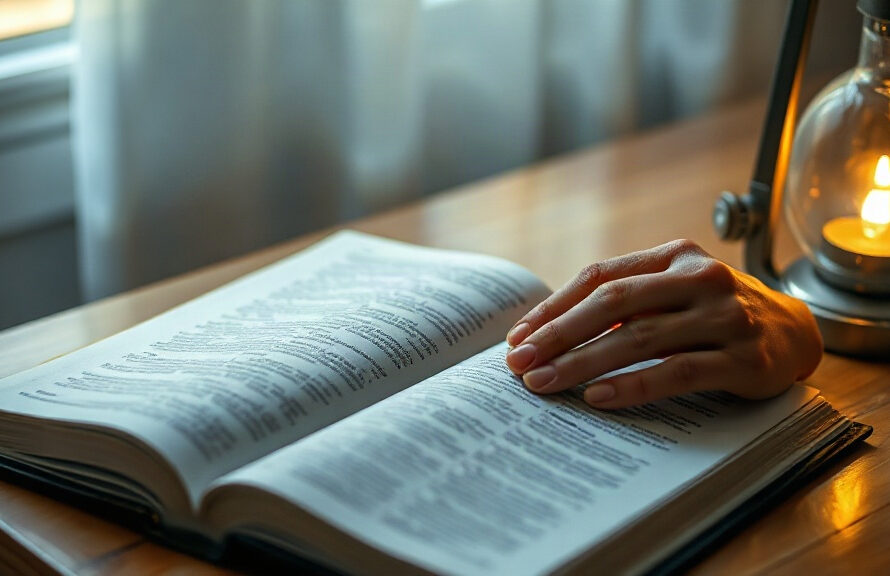 Open Bible on a wooden table next to a lit lamp during morning prayer