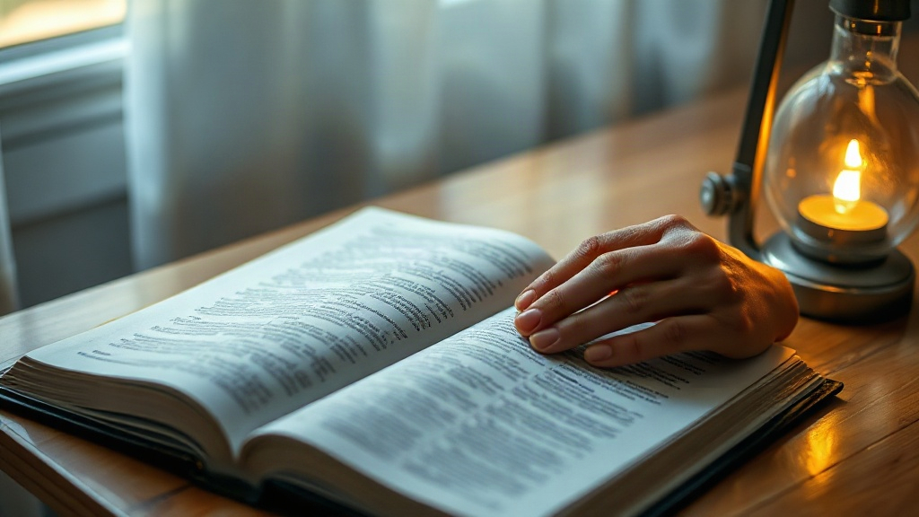 Open Bible on a wooden table next to a lit lamp during morning prayer
